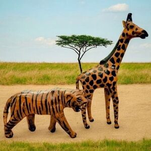 Vintage Handcrafted & Handpainted Leather Wrapped Paper Mache Tiger and Giraffe